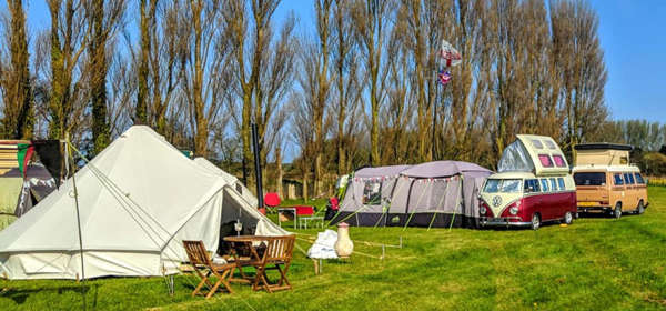 Lillyroo's camp site showing a bell tent with outside table & chairs and two VW camper vans.