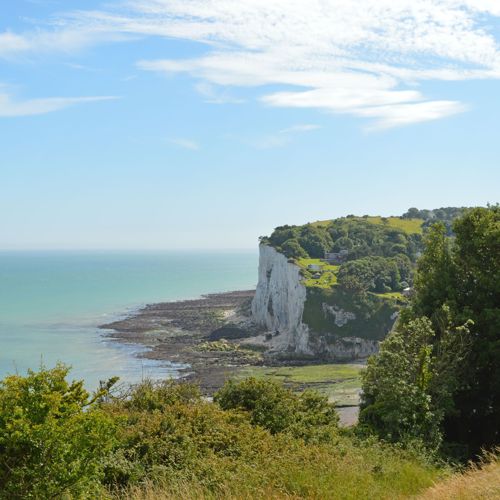 A green-blue sea, glimpse of beach and edge of white cliffs and green landscape in the foreground.