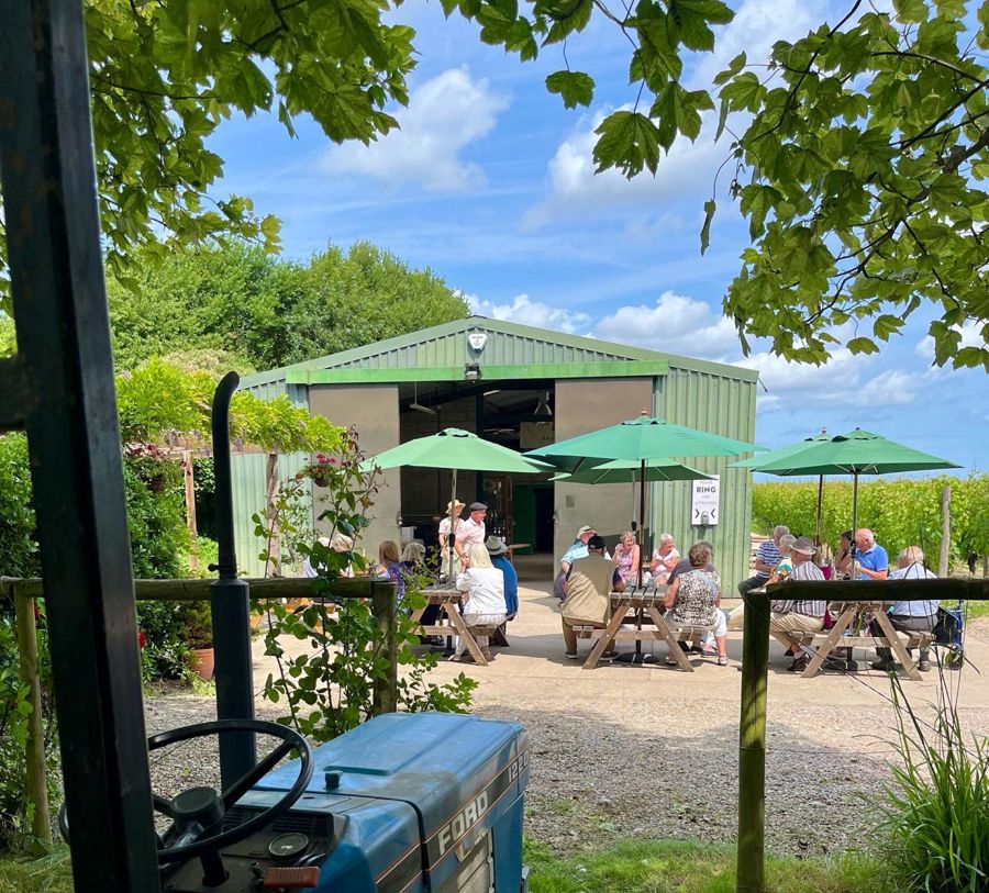 A group of people sitting at picnic tables under green umbrellas outside a large green barn