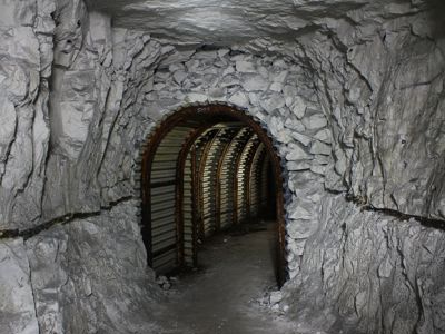 An arched tunnel entrance hewn out chalk and lined with corrugated metal and iron arches.