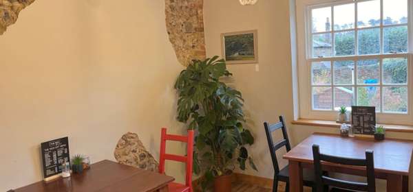 Interior of The Rec showing tables and chairs and a large cheese plant