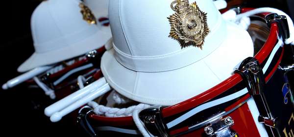 White Royal Marines helmet and drum