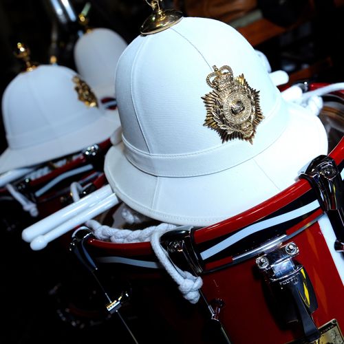 White Royal Marines helmet and drum